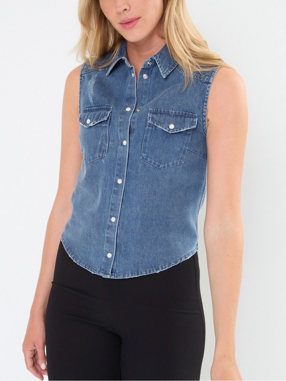 The Kooples Blue Sleeveless Denim Button-Front Shirt. Euro 4, US Small